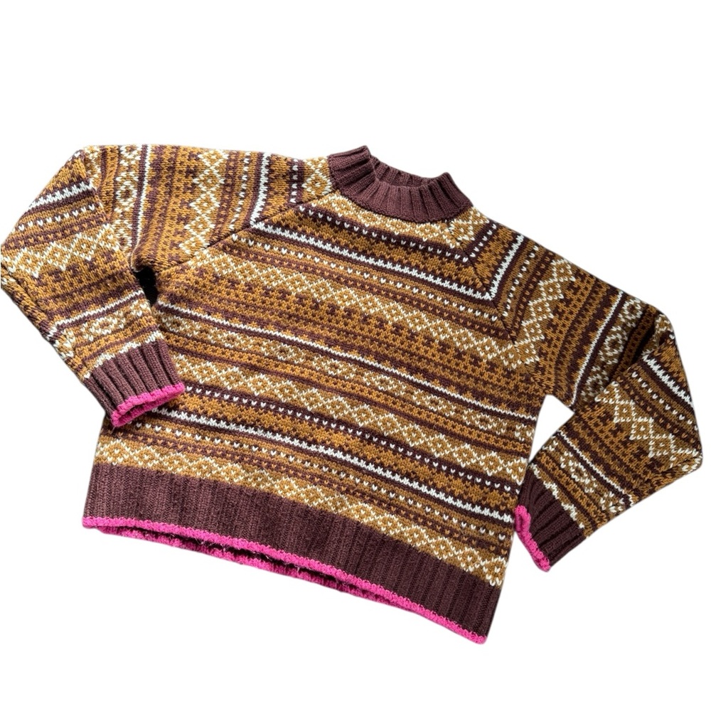 Frank & Oak Wool blend Sweater, Brown/Cream/pink, mock neck, wool blend, sz M